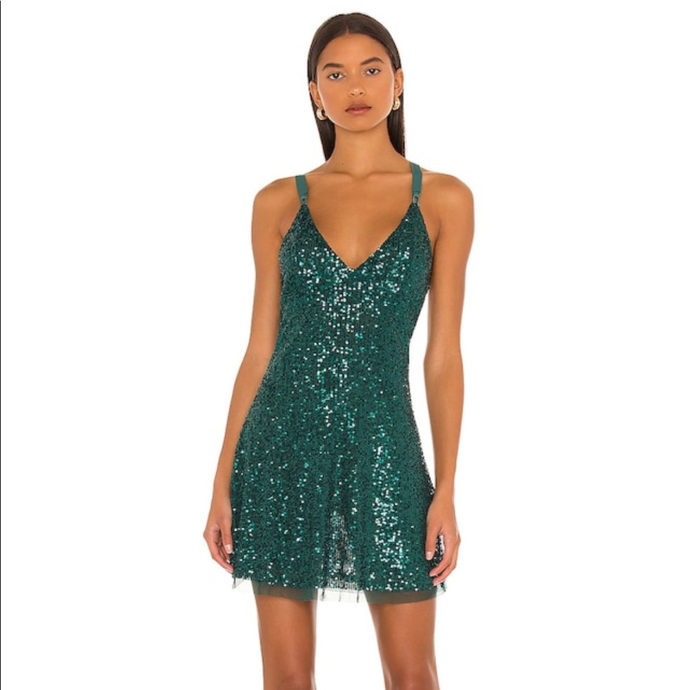 RELISTING TONIGHT CCO LOWEST  FREE PEOPLE GOLD RUSH MINI DRESS Green Sequin XL